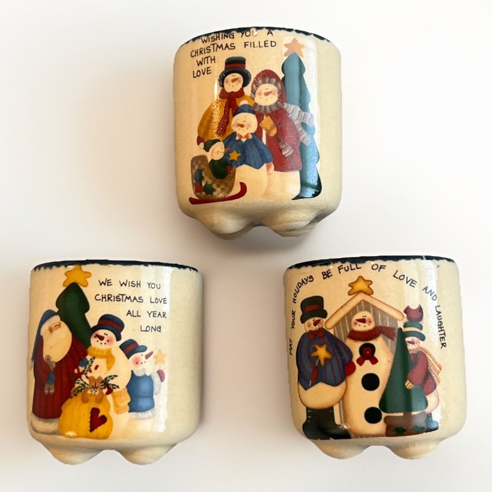 CMI Henton Christmas Snowmen Votive Tea Light Candle Crocks 70s Vintage 2in EUC